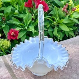Fenton Silver Crest White Cased Glass Ruffle Edge Basket w/ Clear Bamboo Handle
